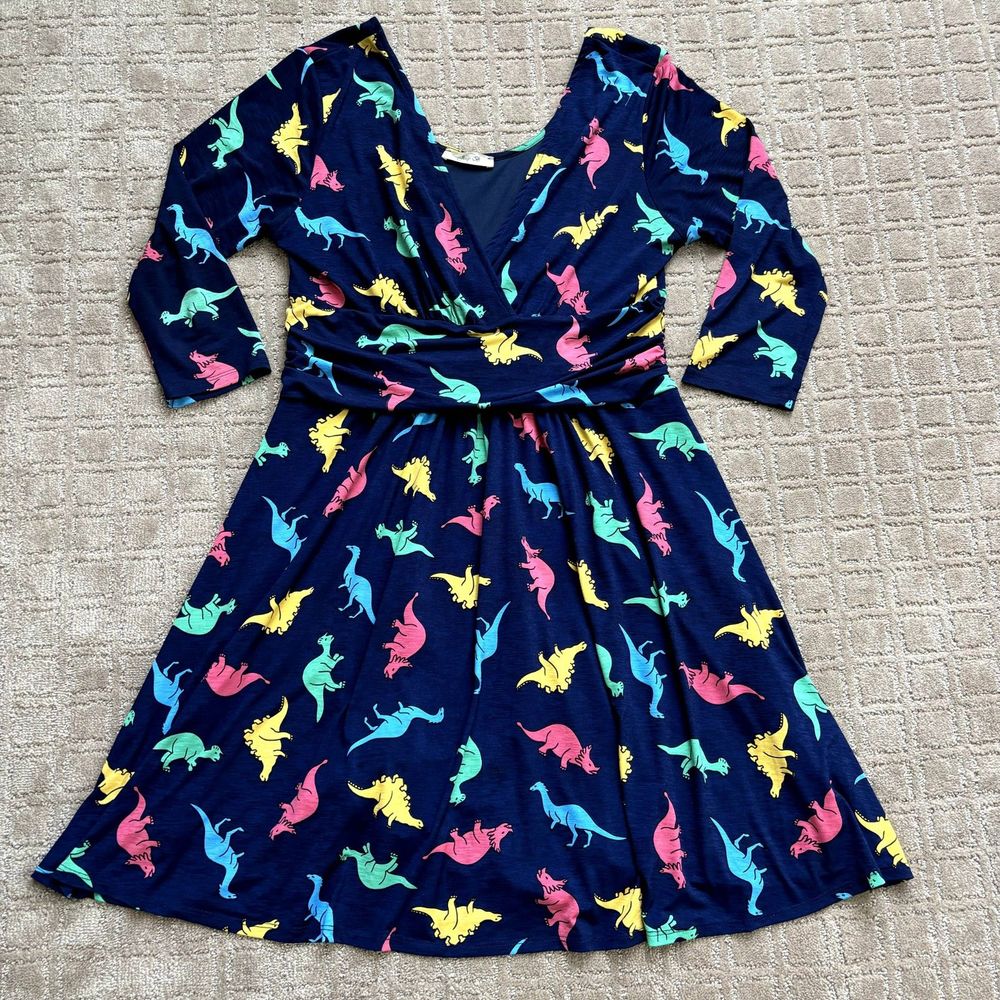 ModCloth Jessy B Navy Multicolor Novelty Dinosaur Dress Size XL V Neck Faux Wrap